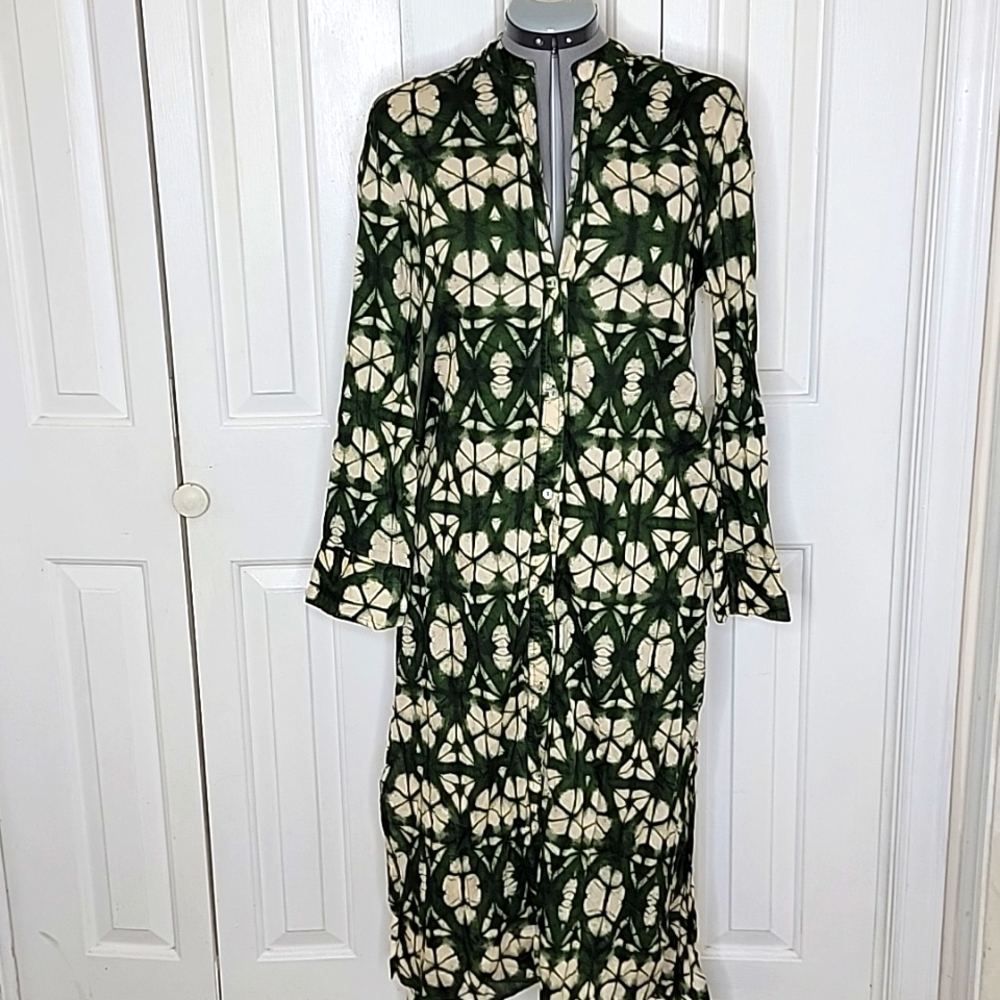 Zara Print Tunic Dress Button Front Size Medium Green and Cream - Picture 1 of 8